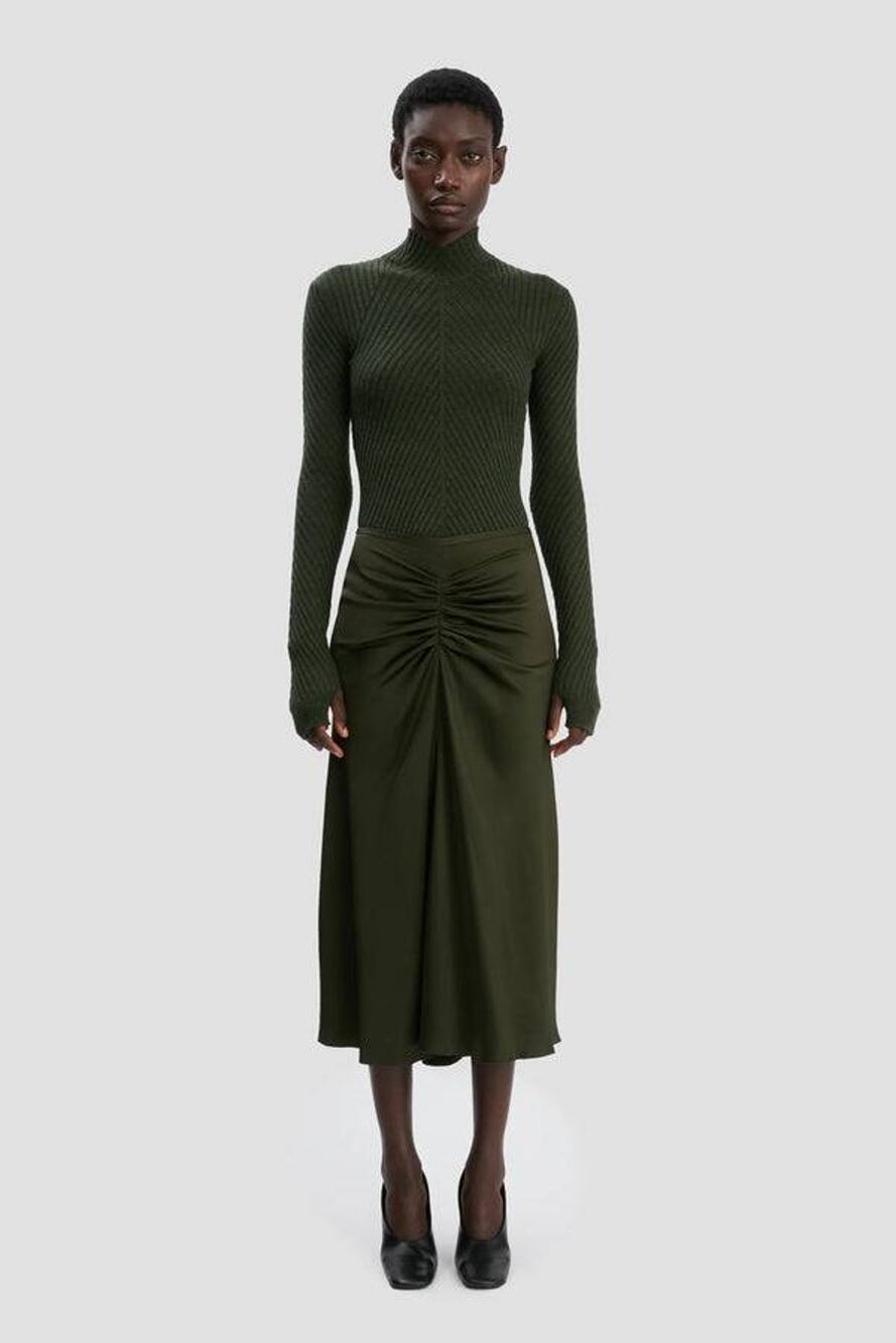 Victoria Beckham Gathered Waist Midi Skirt in Dark Olive UK 10 US 6